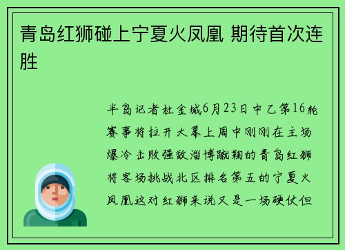 青岛红狮碰上宁夏火凤凰 期待首次连胜